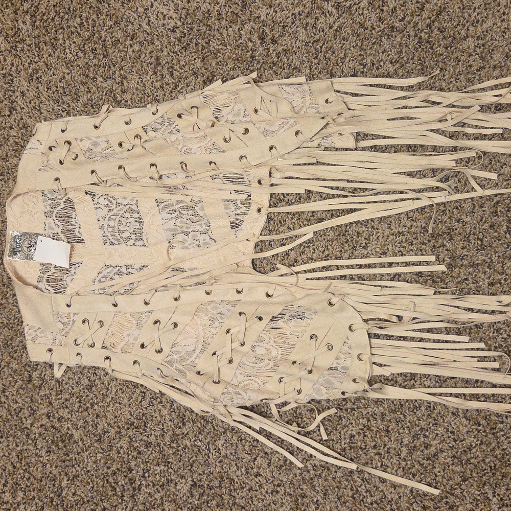 Vocal Cream Lace And Faux Suede Vest with Fringe and Lace Details